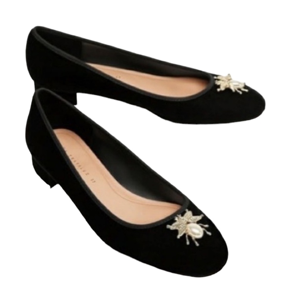 Zara Black Velvet Embellished Silver Pearl Bee Beetle Kitten Block Heels - 7.5